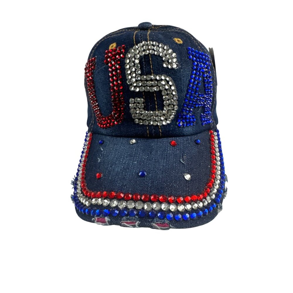 Sparkly Rhinestone USA Denim Baseball Cap By Bijorca - Picture 2 of 9